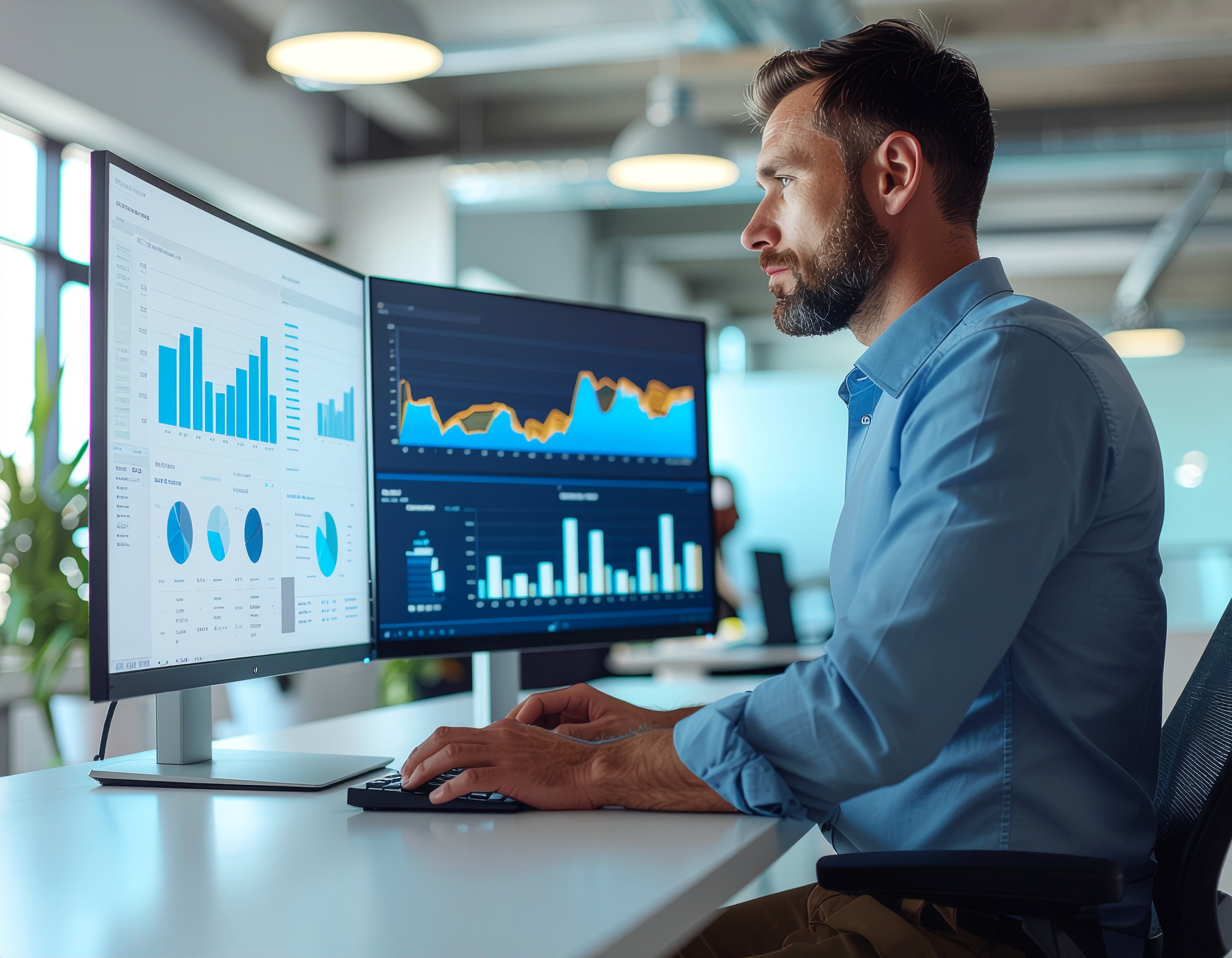 Man in Blue Shirt Analyzing Graphs on Dual Monitors in Modern Office